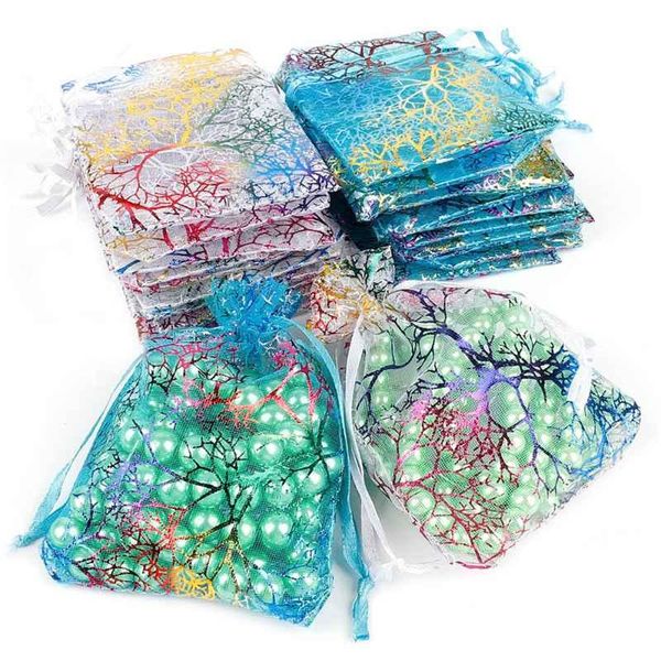 

christmas decorations 50pcs/lot 7x9cm 9x12cm 10x15cm colorful organza bags jewelry packaging wedding favor gift drawstring pouches