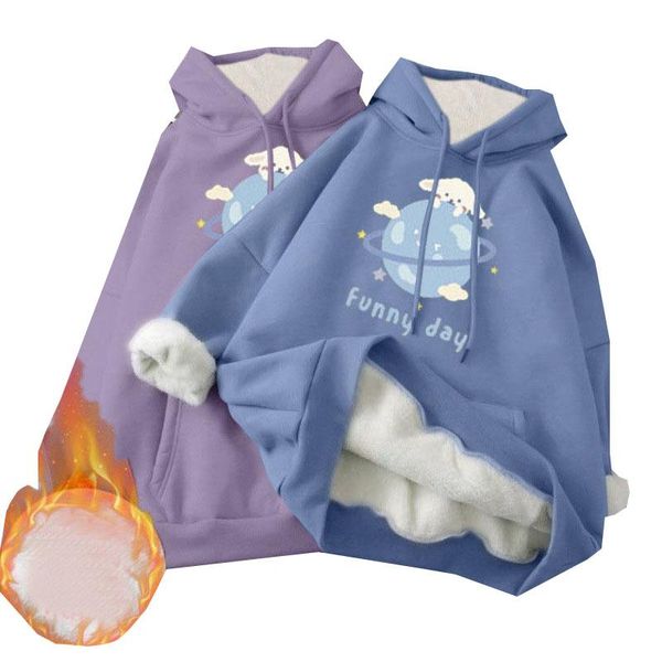 

women's hoodies & sweatshirts women winter fleece plus velvet hooded oversized letter sweatshirt korean fashion loose warm pullover siz, Black