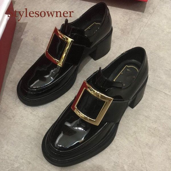 

dress shoes retro square buckle thick-soled single genuine leather round toe zip heel med slip-on woman loafers, Black