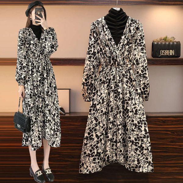 

2021 spring new large size women's fat sister cover belly high collar french bottom thin age reducing dress, Black;gray