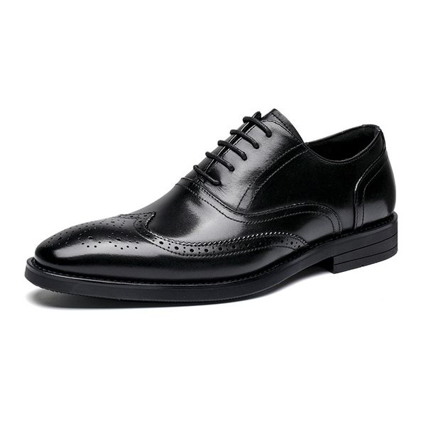 

2021men's dress shoes oxfords style genuine leather low heel rubber spring fall europe and america popular gentry brogue punched carved, Black