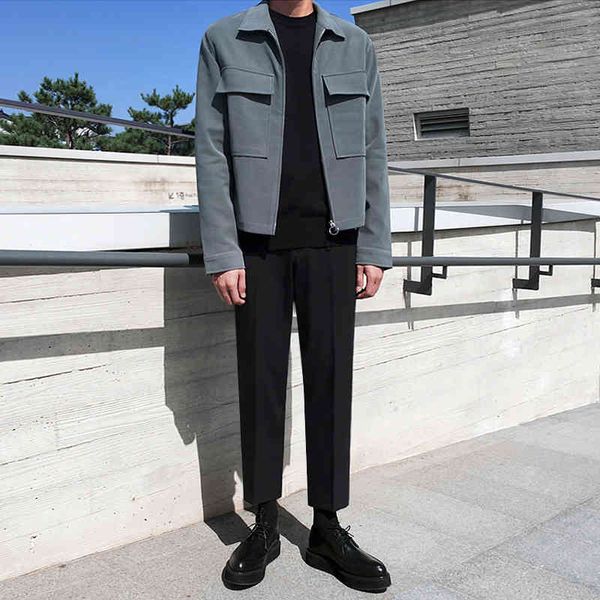 

men's jackets solid-lapped, korean male jacket, long sleeve, loose, warm, simple, slim, zipper, big pocket, boy gpgt, Black;brown