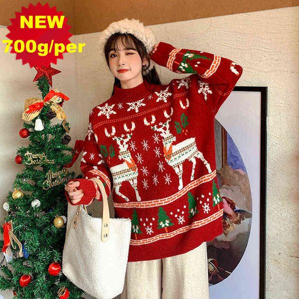 

christmas mid-length plus oversized new version handmade sweater 700g women christmas deer warm knitted long sleeve sweater lazy y1110, White;black