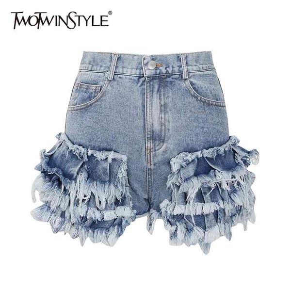 

twotwinstyle party patchwork denim women's shorts high waist tassel pocket slim female fashion clothing 210724, White;black