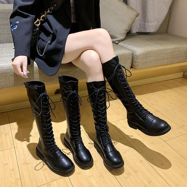 

boots women's mid calf shoes boots-women round toe back zip zipper thigh high heels low 2021 lolita rubber autu, Black