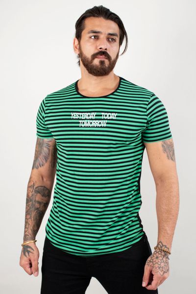

Horizontal Striped Lettering Embroidered T-shirt 2002046 6ilk, White;black