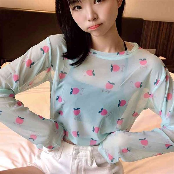 RUORU HARAJUKU Mesh Top Kawaii Kadınlar Tops Uzun Kollu Kadın Tee Gömlek Estetik Sevimli Bayanlar T Kore Tarzı Bırak 210623