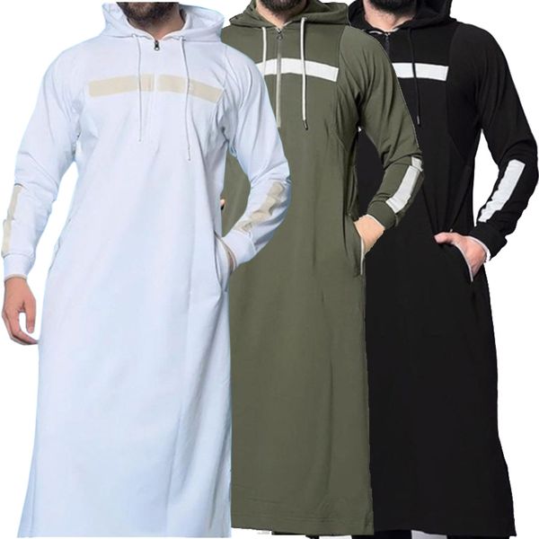 

2020 new men gown muslim arabian robe solid color full length sweatshirt long-sleeved hooded islamic male casual clothing, Black