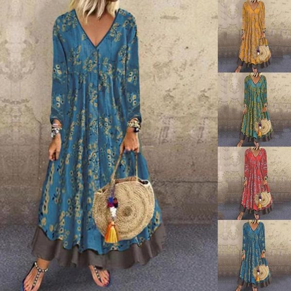 

casual dresses bohemian tunic sundress women long sleeve vestidos autumn maxi vintage printed party dress femme robe, Black;gray