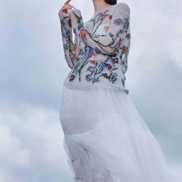

fall/winter 2021 knitted sweater fashionable sweet floral embroidery hollow thin long sleeve pullover women's sweaters, White;black