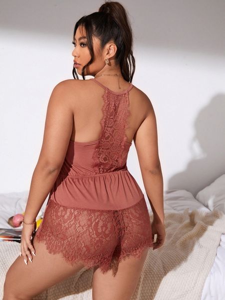 

plus contrast eyelash lace plunging neck sleep romper 11hp#, Black;white