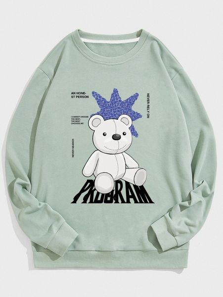 

men slogan & bear print pullover a2m3#, Black