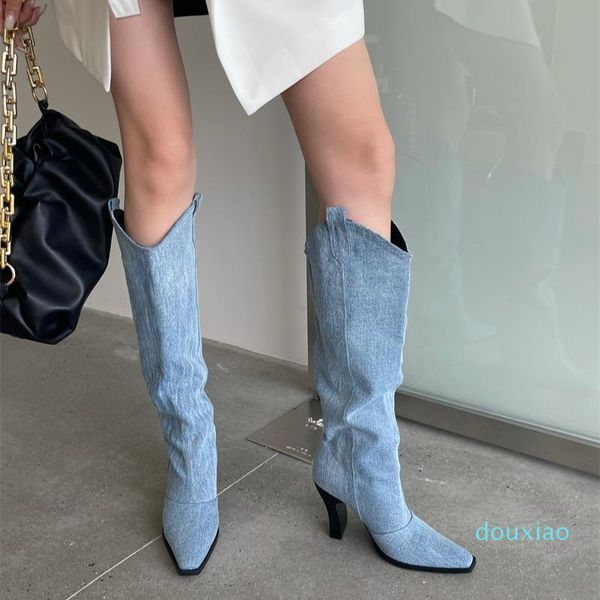 Botas 2021 feminino de salto grosso quadrado dedo cowboy ocidental alta calça jeans longo cavaleiro verão outono