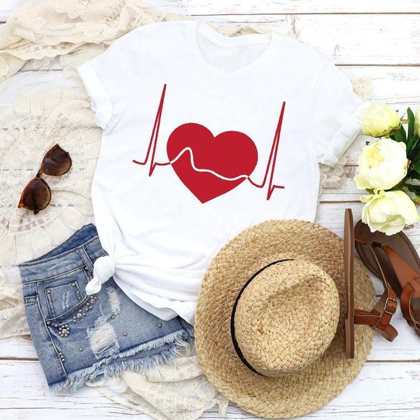 

women graphic love heartbeat 90s camisas mujer printing fashion print tees clothing female t shirt shirt womens t-shirt, White