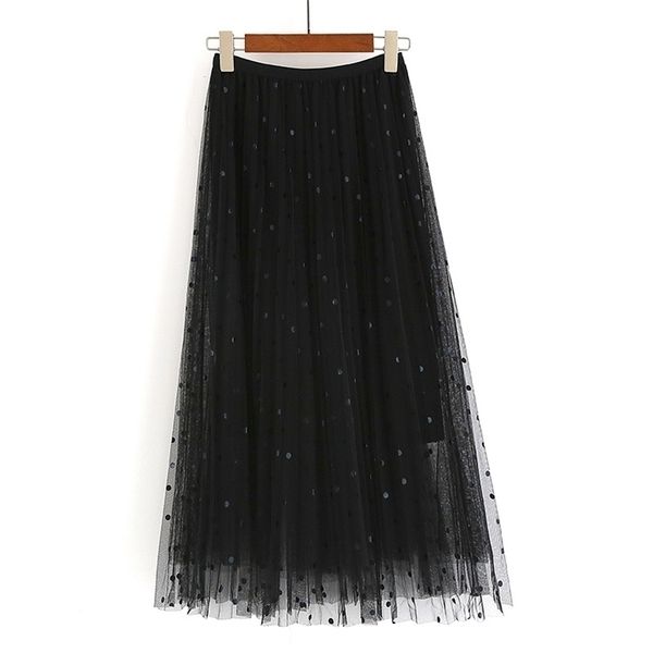 Lange Chiffon Polka Dot Rock Frühling Herbst Elastische Taille Tüll Plissee Frauen Sommer Schwarz Maxi s Für 210621