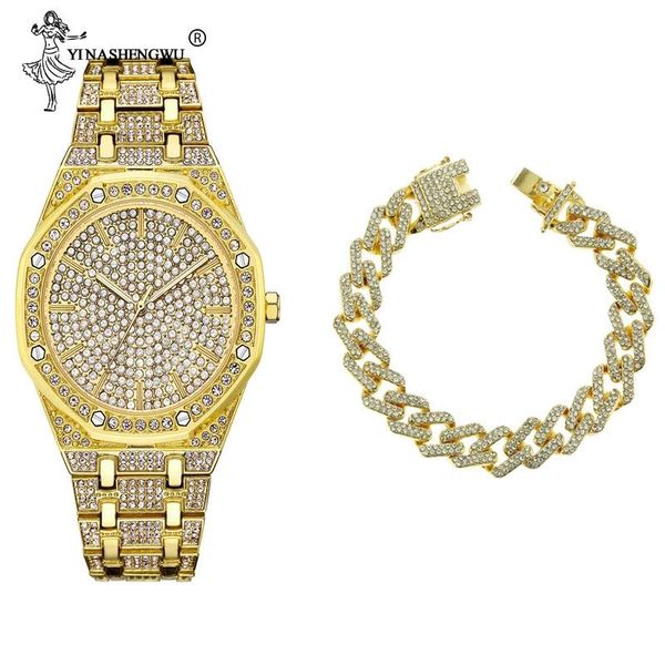 

wristwatches hip hop luxury men gold silver watch & bracelet set crystal miami ice out cuban chain + men's bracelets, Slivery;brown