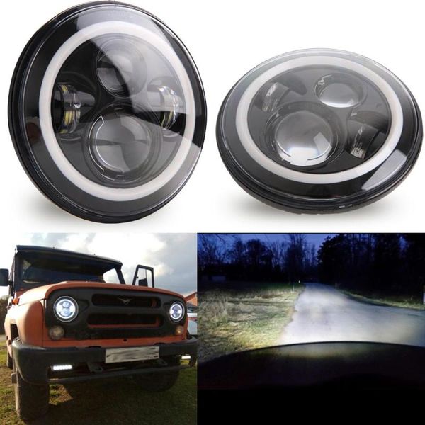 

lamp covers & shades 2psc 7 inch led headlight h4 hi-lo with halo angel eyes for lada 4x4 urban niva jeep jk land rover defender hummer
