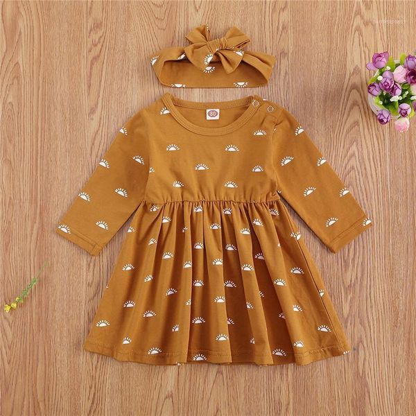 

girl's dresses 1-4 years girl summer dress set long sleeve ruffled hem casual with printed headband, lovely sun print for girls1, Red;yellow