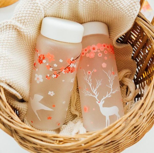 

water bottles techome lovely cartoon scrub glass bottle creative cherry blossoms student sport outdoor gift for friends
