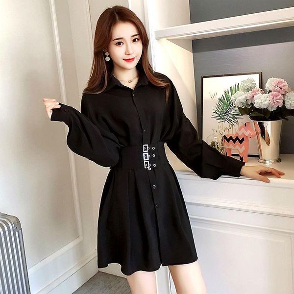 

casual dresses #0913 spring summer black shirt dress women with belt long sleeve plus size for mini loose sexy, Black;gray