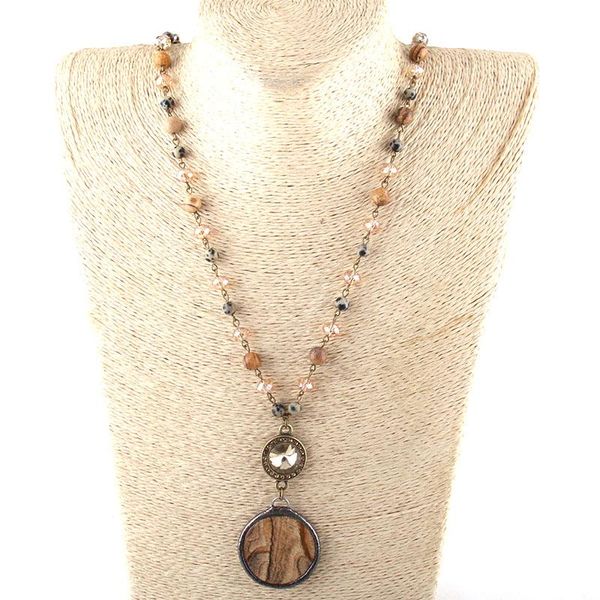 

pendant necklaces moodpc fashion bohemian tribal jewelry antique stone glass chain crystal links round long, Silver
