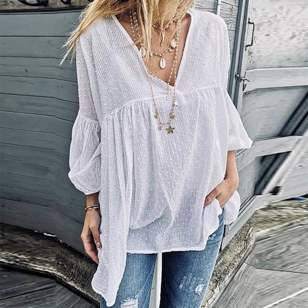 

vonda tunic women plus size blouse loose lantern sleeve pleated shirts autumn v neck casual beach blusas femininas sh19010, White