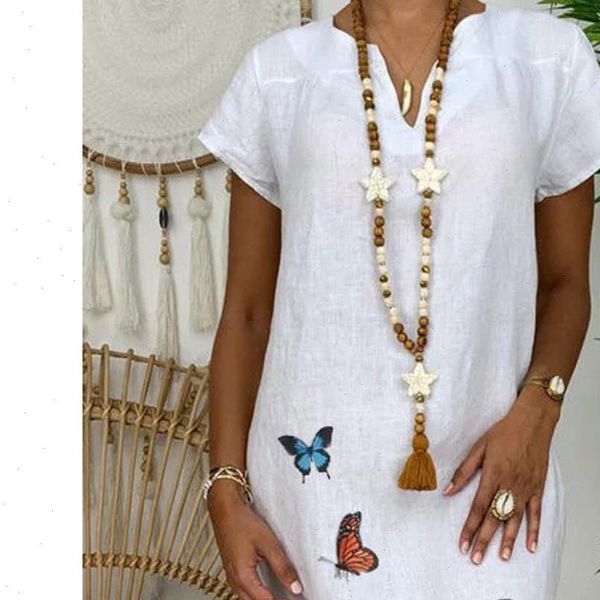 

h30 cotton linen white dress women casual loose butterfly print short sleeve plus size dress vintage ladies party dress, Black