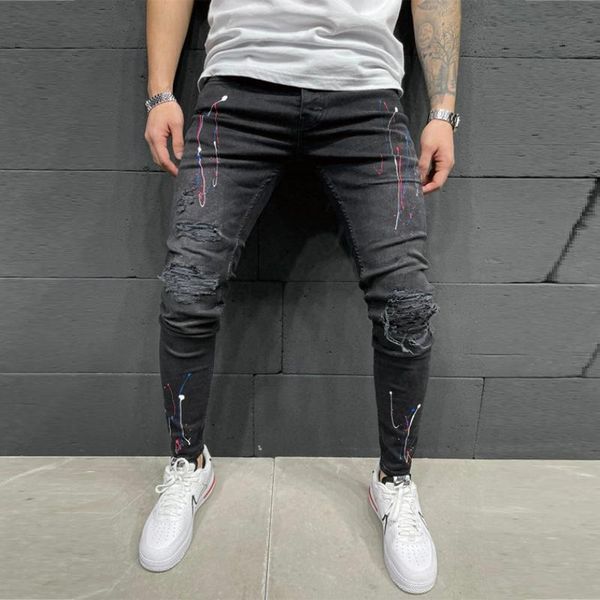 

men's jeans autumn hole business casual classic style printing slim denim pants black elasticity pencil trousers, Blue