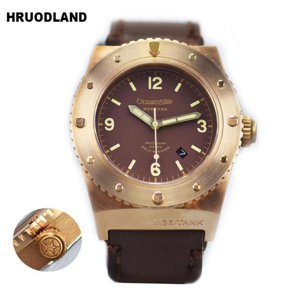

wristwatches hruodland retro big bronze automatic diving men watches 20atm 9015 mov't sapphire crystal mechanical, Slivery;brown
