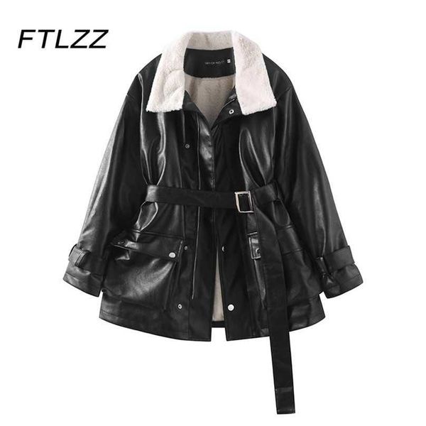 

autumn winter faux sheepskin leather coats woman streetwear warm thick lambs wool fur jacket female black biker moto outwear 210525