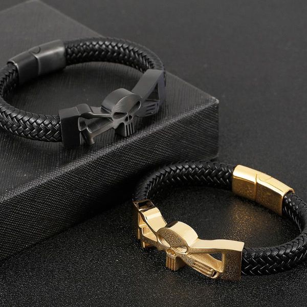 

tennis men's leather hand chain black stainless steel male bracelet skull rocker chic style body jewelry charms 2021 logo name engrave, Golden;silver