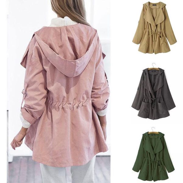 

women's trench coats 2021 autumn coat jacket mid-length hooded lightweight windbreaker female solid color belt slim, Tan;black