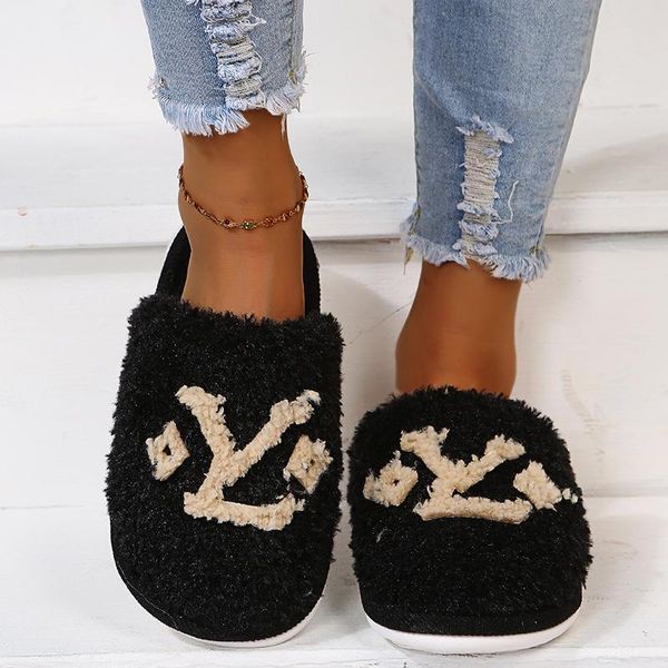 

slippers 2022 prints cute home short plush warm soft cotton women loves floor indoor shoes large size 43, Black