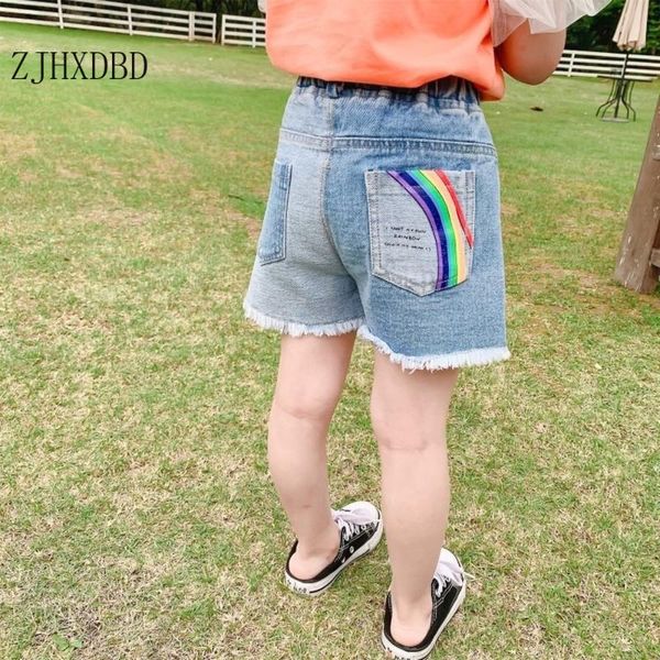 

shorts female baby hole denim children's clothing 2021 korean foreign summer little girl casual pant rainbow blue, Black