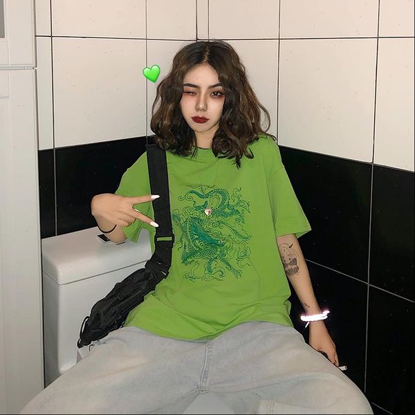 

harajuku vintage fun dragon women t shirt short sleeve tees ulzzang clothes cotton gothic punk shirt street wear, White