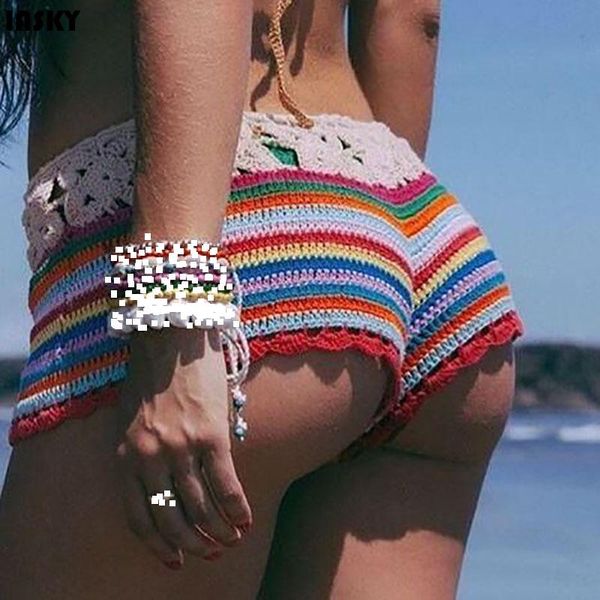 

women's swimwear iasky 2021 crochet colorful rainbow beach shorts sey women knitted bikini swimsuit bathing suits cover up beachwear, White;black