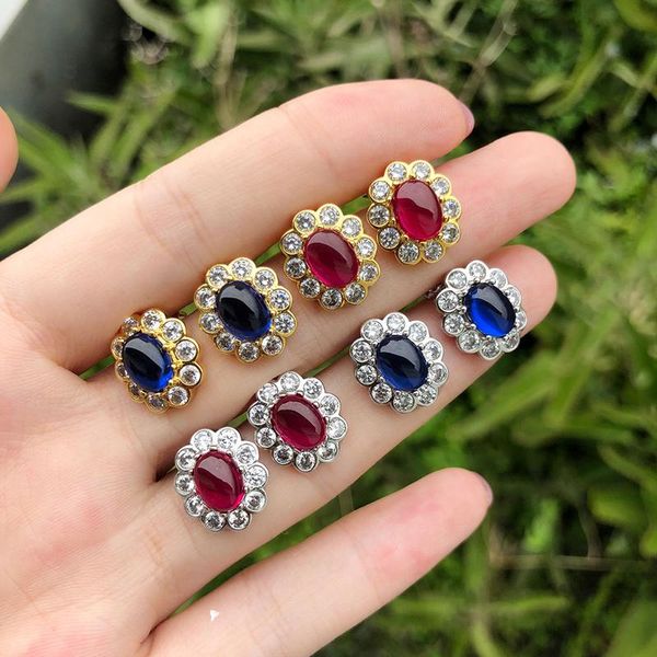 

stud silver gold color sparkling cz oval red blue stone earrings for women special classical style wedding jewelry, Golden;silver