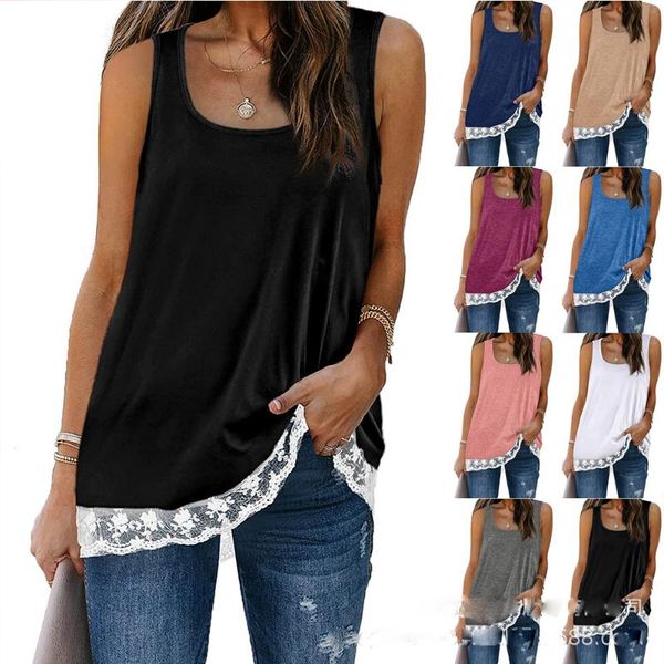 

women's tanks & camis plus size 4xl women 2021 black solid lace trim casual summer tank mujer harajuku sleeveless t-shirt haut femm, White