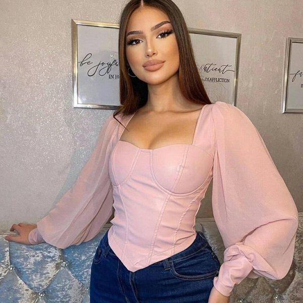 

women's t-shirt women mesh and pu leather patchwork cropped t shirt lantern sleeve slim corset square collar gothic vintage tees, White