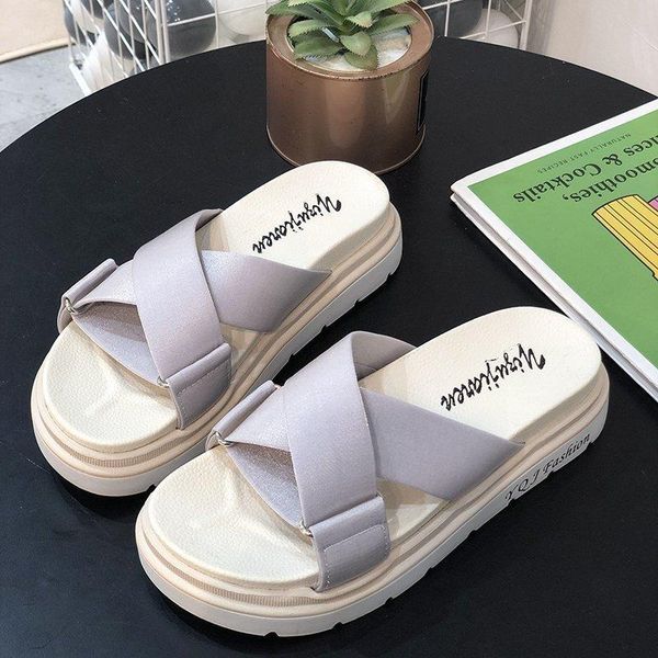 

slippers trifle sandals and female korean version of fairy style cross thick bottom net red flat roman women's shoes, Black
