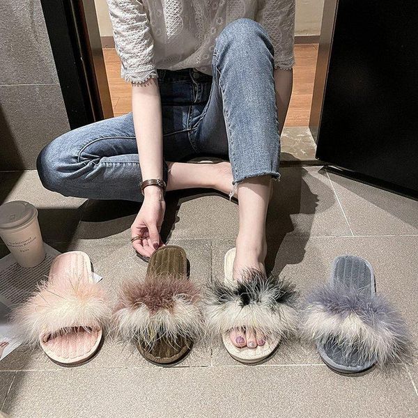 

slippers beach shoes low plush for adults flock slides sabot fur basic light rome rubber pu fabric hoof heels pl, Black