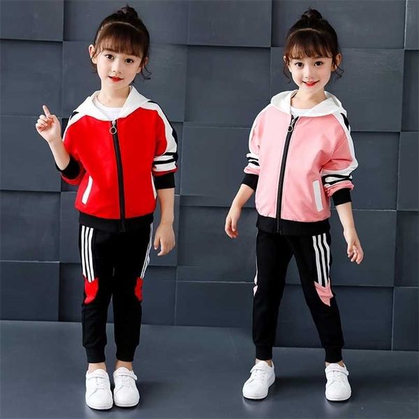 

kids girls sports suit autumn children's hooded long-sleeved jacket + trousers two-piece casual student clothing 211025, White