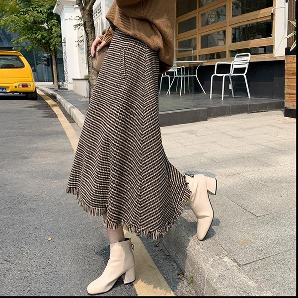 

autumn winter vintage houndstooth wool skirt women korean fashion high waist a line long midi fringe skirts ladies, Black