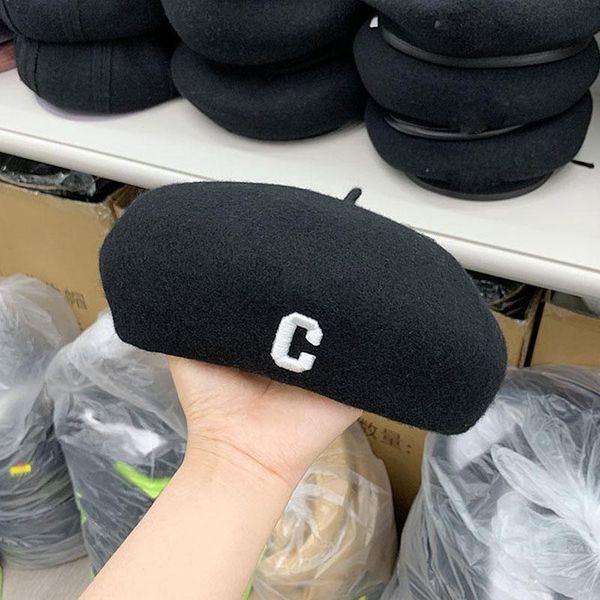 

berets letter embroidery wool warm beret beanie hat autumn winter caps french classic solid women painter black, Blue;gray