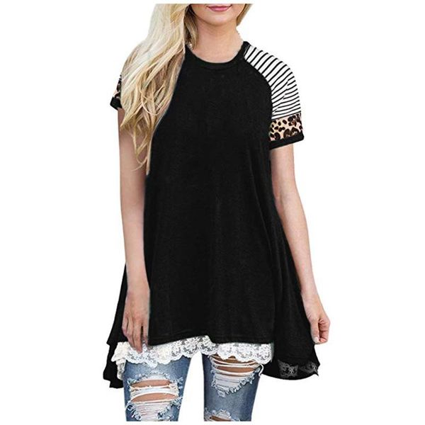 

feitong blouse women 2021 summer lace patchwork short sleeve blouses a-line shirt tunic leopard shirt blusas female, White