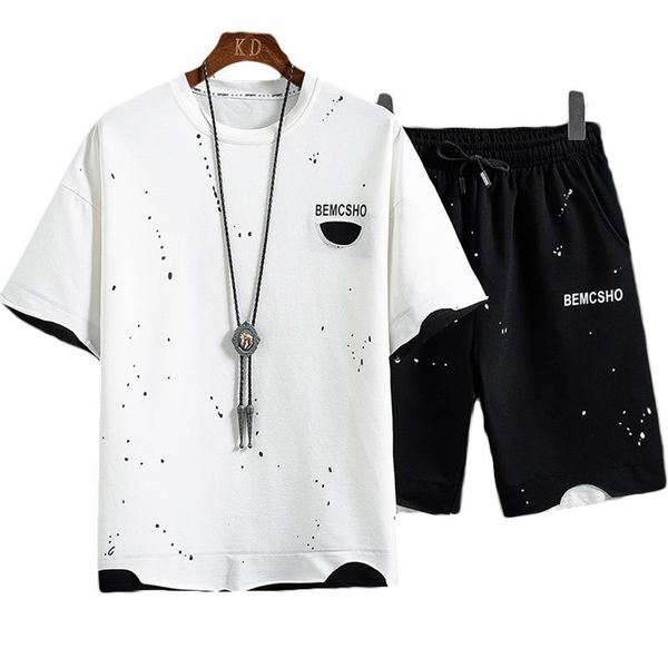 

men's tracksuits 2021 summer ink dot effect printed suit chest pocket street style t-shirt & loose shorts for male streetwear, Gray