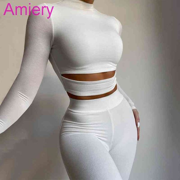 

2021 autumn sports leisure suit new solid color hollow out two piece long sleeve white and black tracksuits for women, Gray