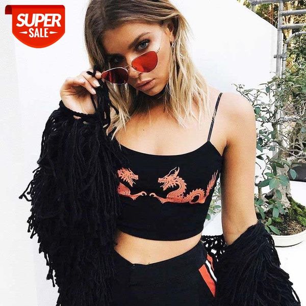 

cotton women summer crop design chinese dragon printed black sleeveless camisoles breathable comfortable #tb6q, White