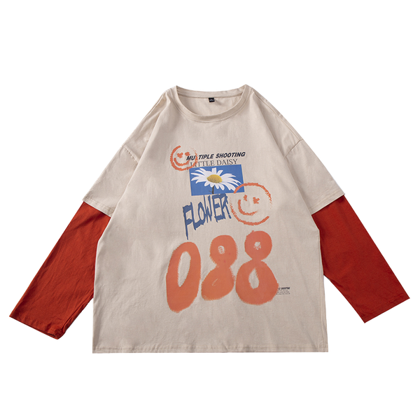 

autumn spring cotton t-shirts men fake two pieces casual fashion long sleeve o-neckfor man graffiti tees, White;black