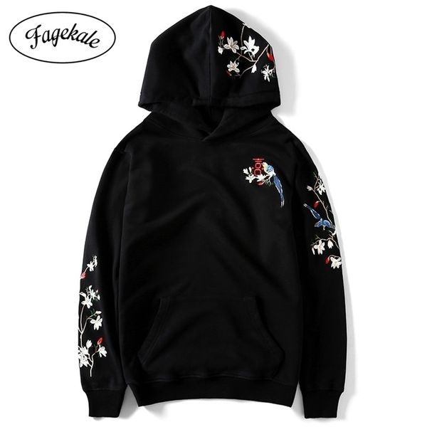

winter new chinese style embroidery tide brand couple men's hooded pullover loose student plus velvet coat hoodie 201127, Black